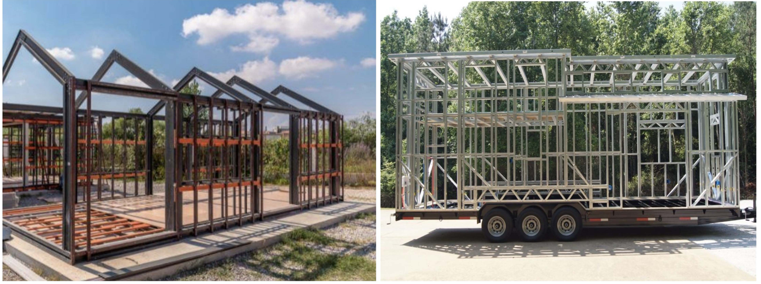 Demonstration photographs: steel structural framing and a steel frame on a trailer platform