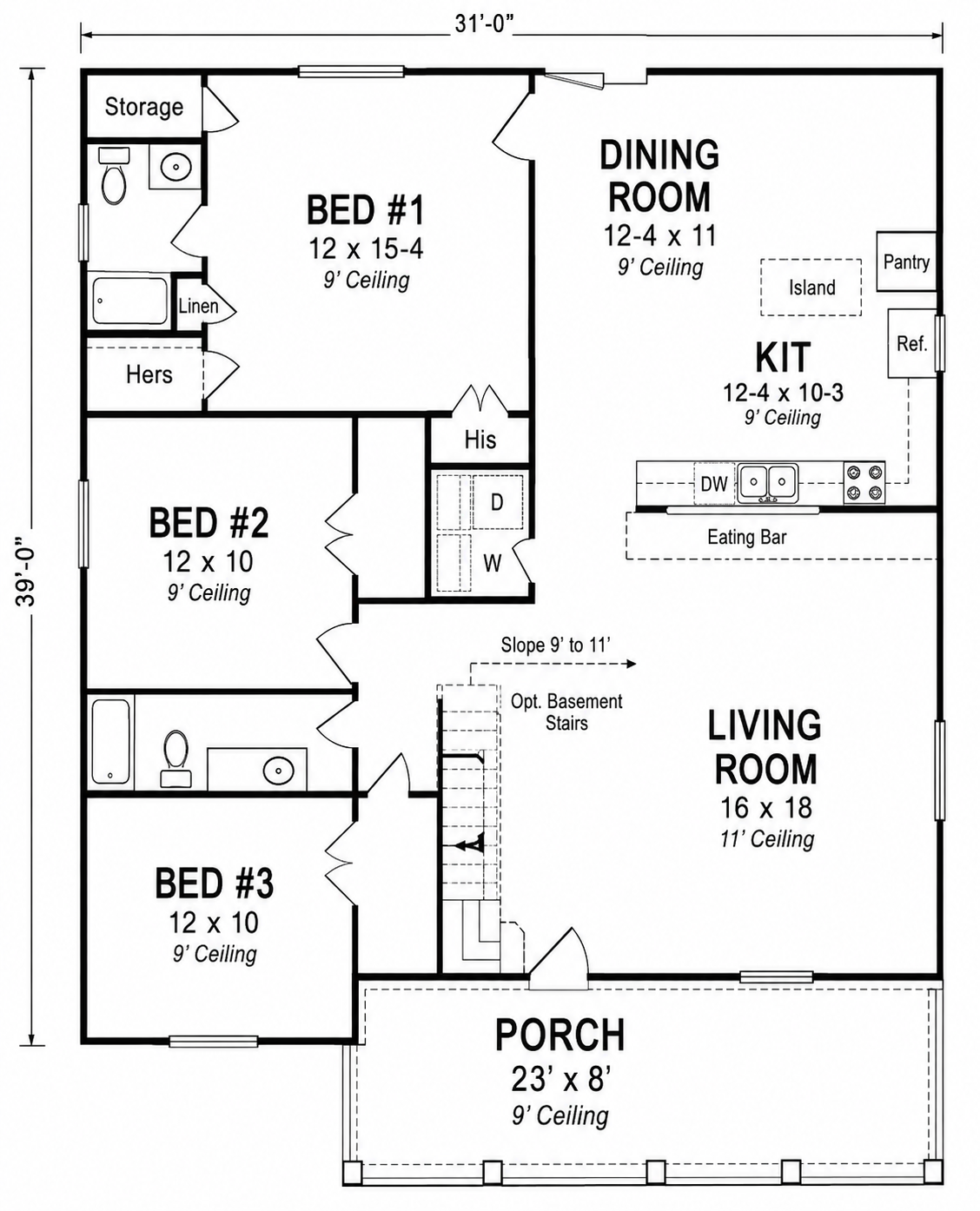 Sample Green Planet Homes floor plan, 3 bedroom, 2 bath