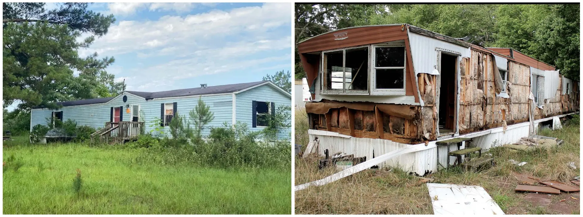 Demonstration photographs: an overgrown, distressed manufactured home and a deteriorated manufactured home