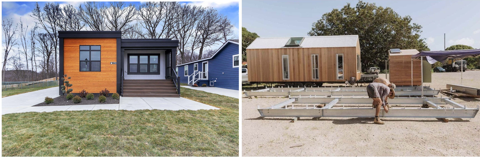 Demonstration photographs: a finished compact home on a permanent foundation (left) and a tiny-home steel platform under construction for a trailer application (right)